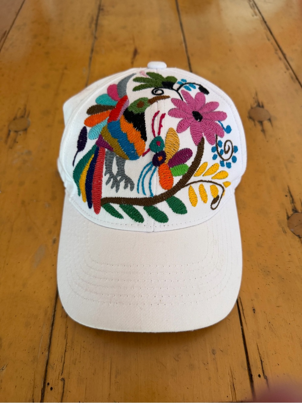 White Baseball Cap with Colorful Embroidered Bird and Flowers from Mexico